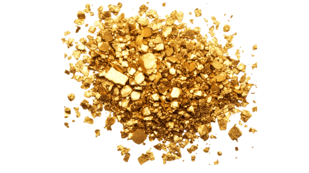 Gold nuggets pile, gold fragments, treasure trove, shiny treasure, cut out transparent png
