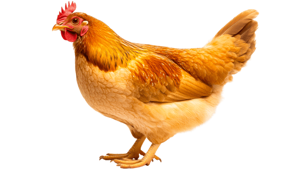 Golden chicken with bright red comb stands calmly, cut out transparent png
