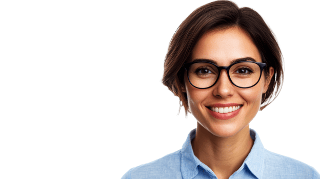 Smiling professional woman with glasses, wearing shirt, cut out transparent png