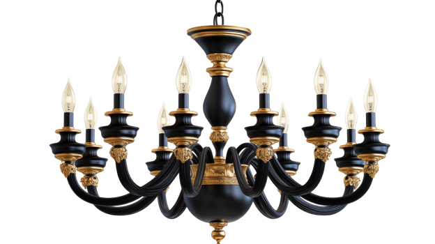 Ornate black chandelier with gold accents against black background, cut out transparent png