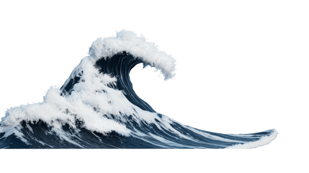 Ocean wave curling with foam and splashes, isolated, cut out transparent png