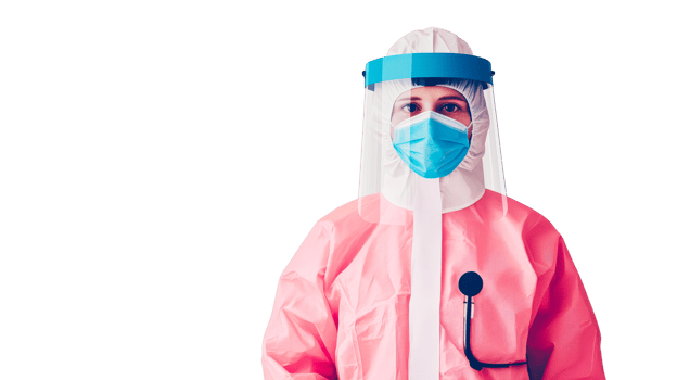 Medic in protective suit, face shield, and mask, cut out transparent png