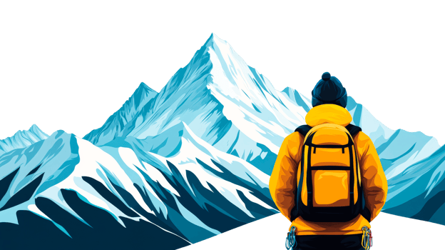 Backpacker gazing at mountain peaks against a black backdrop, cut out transparent png
