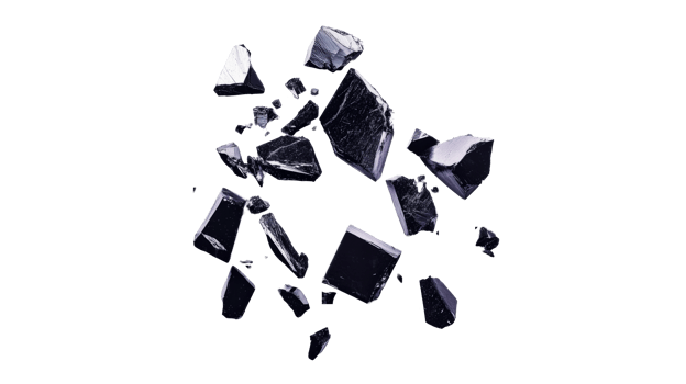 Shiny crystals fly in the air on black background, cut out transparent png