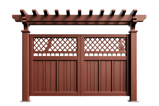Wooden gate with trellis and pergola, isolated brown, cut out transparent png