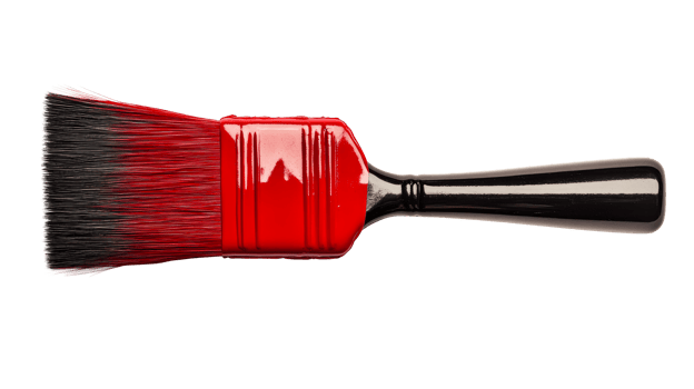 Paintbrush with red paint, close-up isolated tool, painting equipment, cut out transparent png