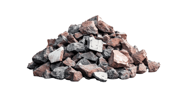 Heap of building broken red bricks and gray stones, cut out transparent png