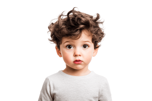 Cute child with curly hair, looking inquisitive, expressive, cut out transparent png