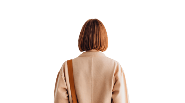 Rear view of a woman with a bob haircut in jacket, cut out transparent png