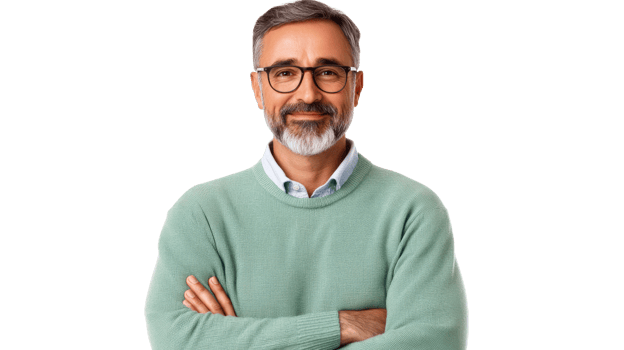 Smiling middle-aged man wearing glasses, arms crossed, cut out transparent png