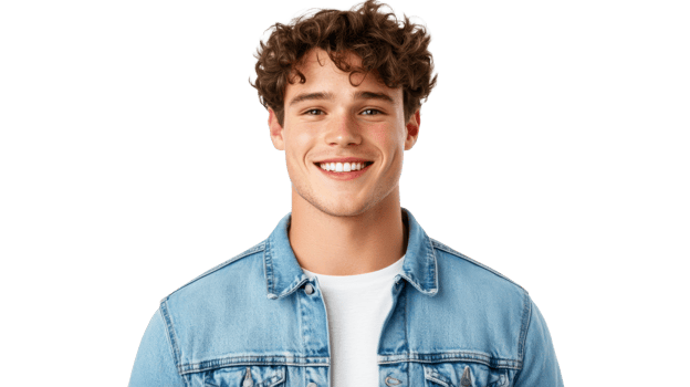 Man smiling, wearing denim jacket and curly hair style , cut out transparent png