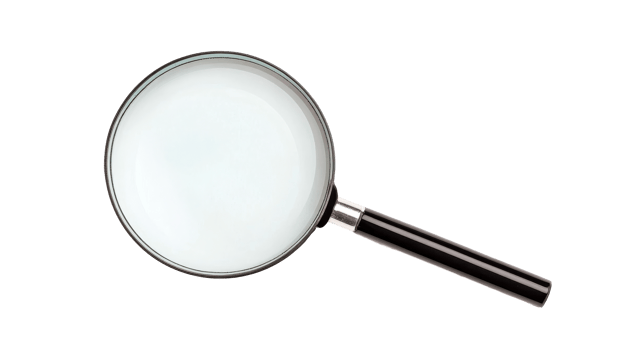 Magnifying glass with black handle on black background, cut out transparent png