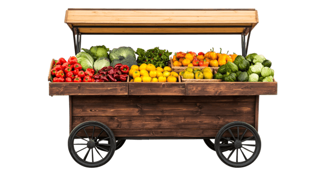 Wooden market stall with ripe vegetables and fruits, cut out transparent png