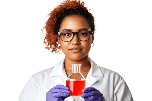Confident scientist holds beaker with red liquid, cut out transparent png