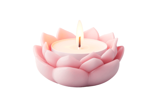 Lotus flower candle glowing with warm light on black background, cut out transparent png