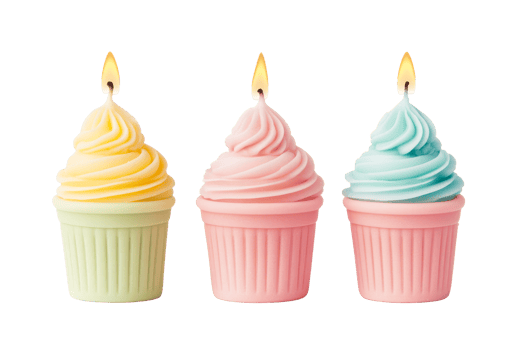 Cupcake candles with pastel frosting and flames, cut out transparent png
