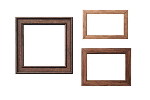 Three wooden frames of different sizes, isolated on black, cut out transparent png