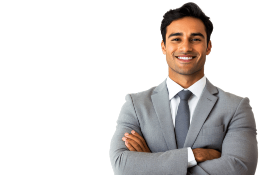 Smiling businessman in gray suit with arms crossed, cut out transparent png