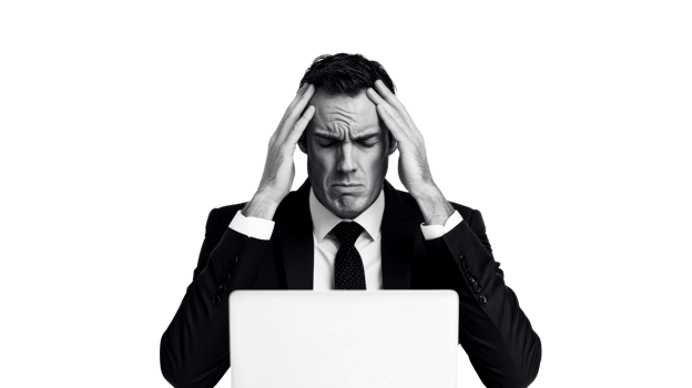 Stressed businessman working on laptop, isolated on black, cut out transparent png