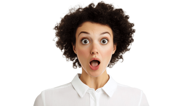 Shocked woman with afro hair and white shirt, surprised expression, cut out transparent png