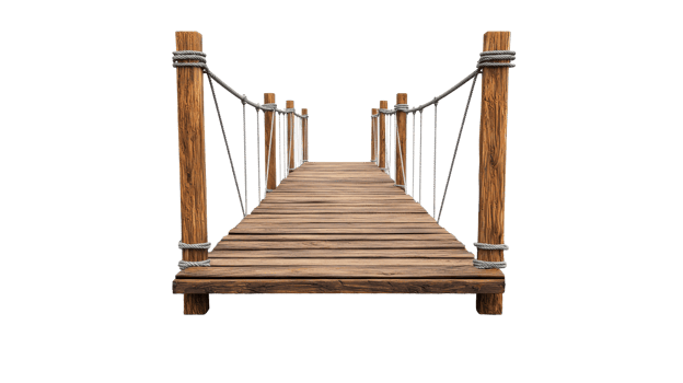 Old wooden bridge with rope railings, isolated, cut out transparent png