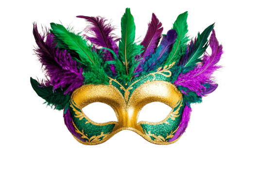 Mardi Gras mask golden, green, purple feathers festival, celebration, cut out transparent png