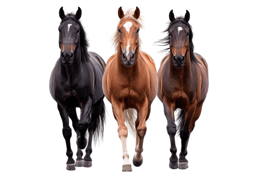 Trio of horses running forward, black background, cut out transparent png