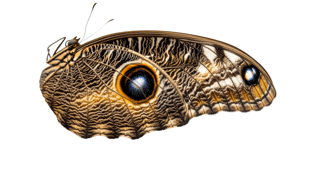 Owl butterfly wing pattern detail on dark background, cut out transparent png