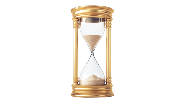 Golden hourglass with sand inside on black background, cut out transparent png