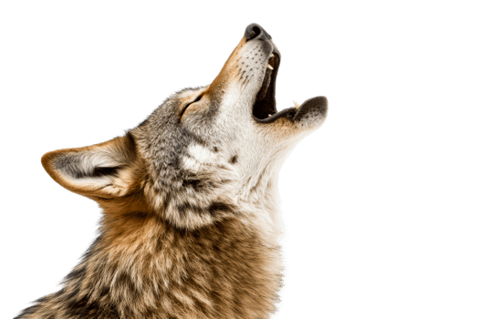Gray wolf howling, open mouth, teeth, wildlife animal portrait, cut out transparent png