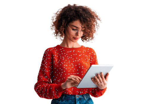 Woman with curly hair works on a tablet, isolated, cut out transparent png