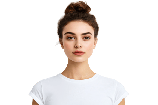 Portrait of a young woman in a white T-shirt, hair bun, cut out transparent png