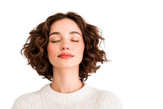 Young woman with short curly hair eyes closed in a cozy sweater, cut out transparent png