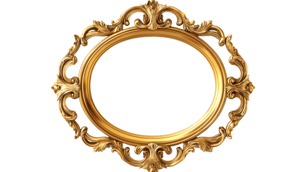 Luxurious golden oval frame with ornate carvings, cut out transparent png
