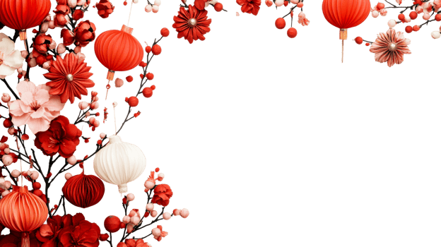 Festive red lanterns and flowers adorn black background, cut out transparent png