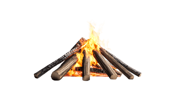 Glowing campfire with burning logs and vibrant flames , cut out transparent png