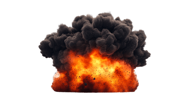 Powerful explosion with fire and black smoke, cut out transparent png
