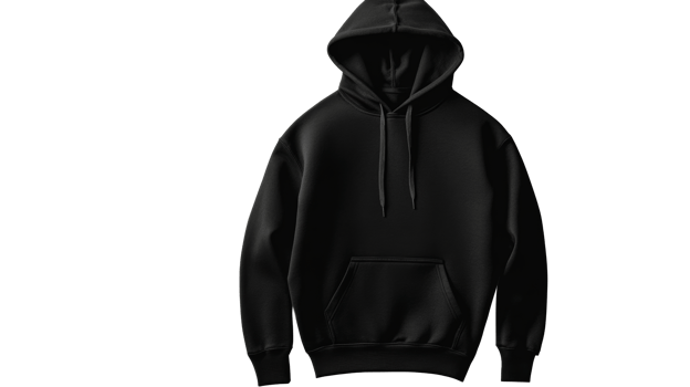 Stylish Black Hoodie with Hood and Drawstrings, cut out transparent png