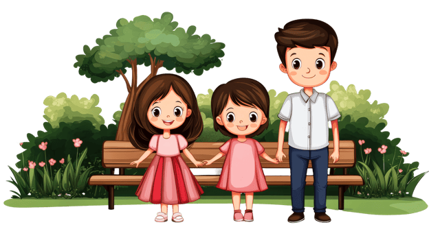 Cartoon dad with daughters holding hands in park, cut out transparent png