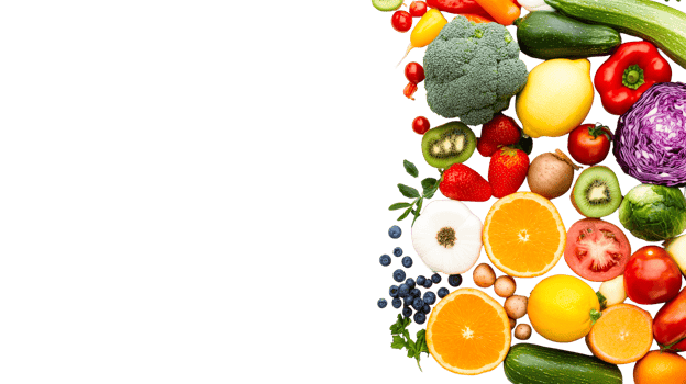 Fresh fruits and vegetables array, healthy food assortment, cut out transparent png