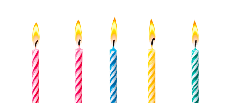 Festive birthday candles, bright flames, multicolored wax, cut out transparent png