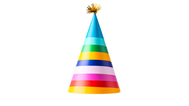 Bright colorful party hat with golden tassel, celebration festive, cut out transparent png