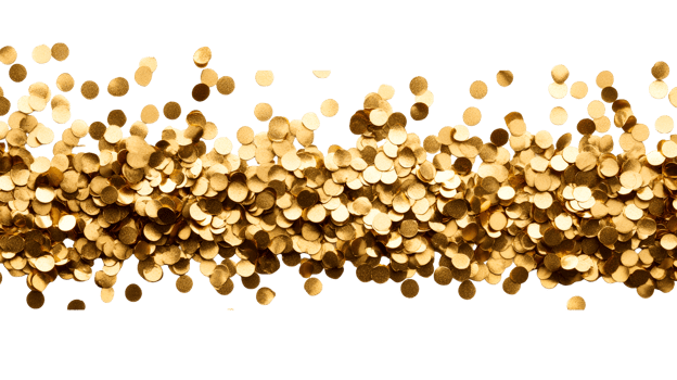 Gold confetti scattered, shiny golden metallic sequins party, cut out transparent png