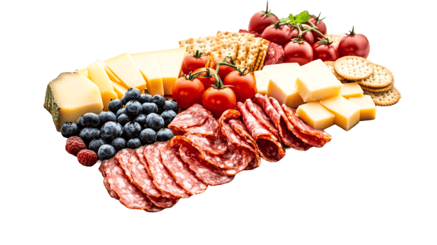 Charcuterie board assortment with cheese, salami, and berries, cut out transparent png