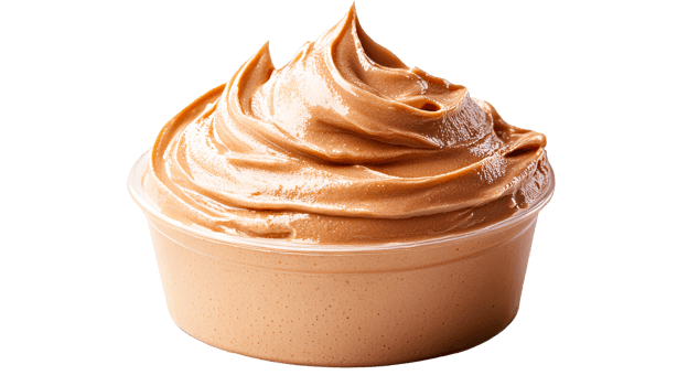 Mousse dessert in clear plastic container, creamy caramel, cut out transparent png