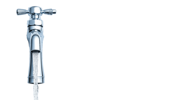 Gleaming Faucet with Water Stream on Black, cut out transparent png