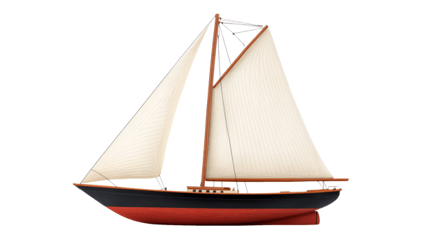 Sailboat with two sails at wind, black and red hull, cut out transparent png
