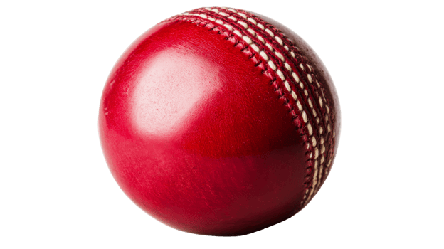 Red cricket ball with raised seam detail, sports equipment, cut out transparent png