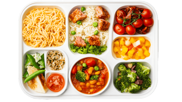 Healthy food delivery tray with spaghetti, meat, vegetables, cut out transparent png