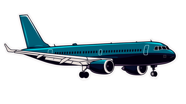 Stylish sticker of a modern blue airplane in flight position, cut out transparent png